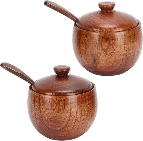 Miniatura 10 de Caja de sal de madera maciza para condimentos, contenedor de almacenamiento con cuchara y tapa, azucarero de cocina redondo para especias para sal