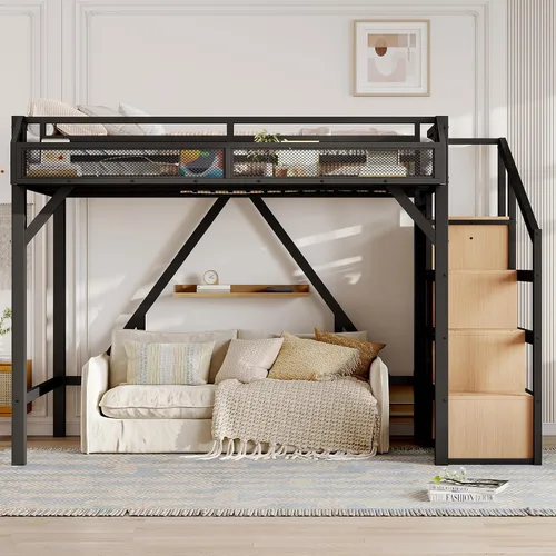 Miniatura 3 de SOFTSEA Cama alta individual XL con escaleras y almacenamiento, marco de cama de metal con puertos USB y luces LED, cama alta resistente con armario