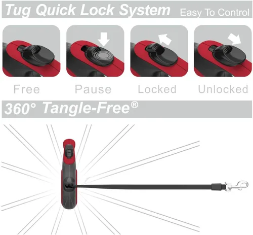 Miniatura 5 de TUG - Correa retráctil 360º para perros, libre de enredos, mango antideslizante, nailon resistente de 16 pies, freno de una sola mano, pausa y Rojo
