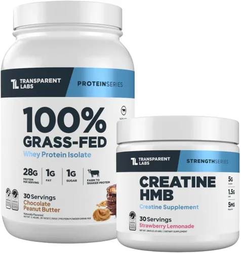 Transparent Labs Aislado de proteína de suero alimentado con pasto (30 porciones, chocolate PB) y creatina HMB (30 porciones, limonada de fresa)