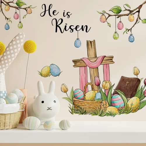 Miniatura 3 de Yovkky Calcomanías de pared de Pascua, con frase "He is resucitado", cruz cristiana, decoración de dormitorio, huevos de Cristo religioso, tulipán