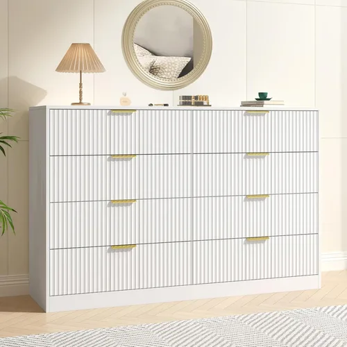 Miniatura 18 de Cómoda negra con 7 cajones, cómoda acanalada de 55 pulgadas de ancho para dormitorio con mango de metal, cómoda, soporte de TV de madera para Negro