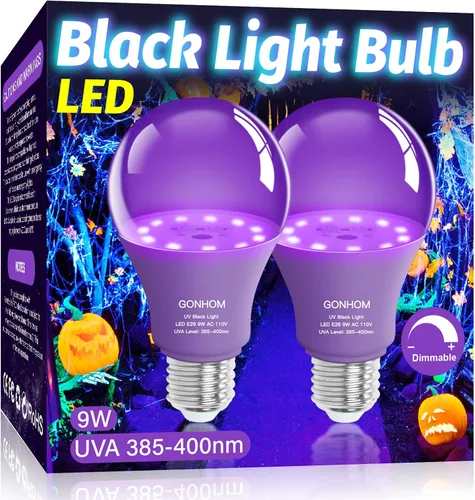 Gonhom Paquete de 2 bombillas LED negras A19, regulables de 9 W (equivalente a 100 W), base E26 de 110 V, nivel UVA 385-400 nm, brilla en la