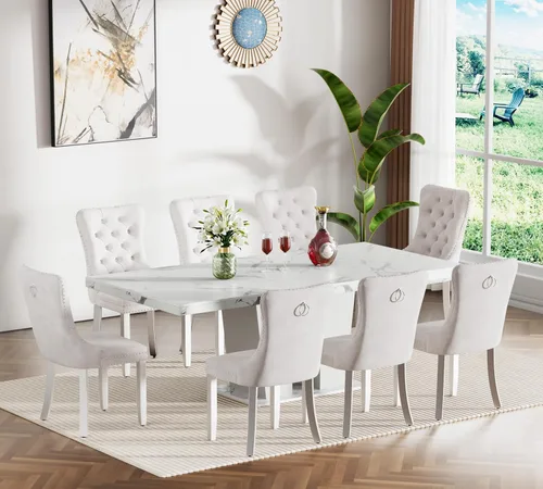 Miniatura 14 de Henf Juego de mesa de comedor extensible de 7 piezas para 6, 160 cm-200 cm Mesa de cocina extensible de grano de mármol blanco con 6 sillas Blanco