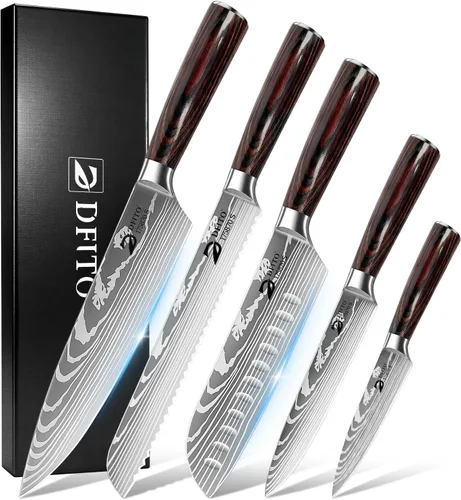 Miniatura 11 de Dfito Juego de cuchillos de cocina, 3 piezas de acero inoxidable de alto carbono con mango de madera de Pakkawood roja, juegos de cuchillos de chef