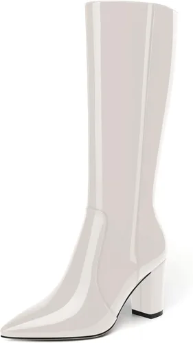 Miniatura 190 de AMBELIGHT Botas altas hasta la rodilla con cremallera y puntera puntiaguda para mujer, de patente sólida, tacón alto, 3.3 pulgadas
