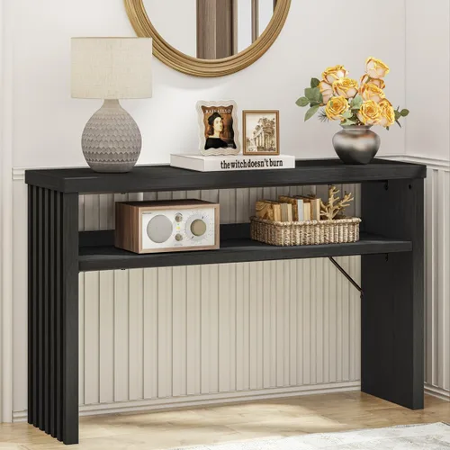 Miniatura 7 de BON AUGURE Mesa consola con almacenamiento, mesa de entrada negra, mesas de sofá de madera detrás del sofá para sala de estar, mesas de entrada