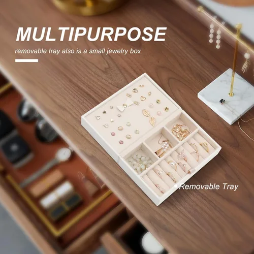 Miniatura 9 de V-LAFUY Joyero blanco, organizador de joyas de viaje grande, organizador de joyas de 2 capas, organizador de joyas de viaje para mujeres, estuche