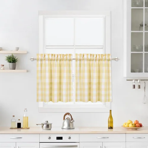 Miniatura 16 de Cortinas de Cocina Estilo Granja de Cuadros Vichy Blanco y Negro de 24 Pulgadas de Largo, Cortinas de Café de Media Ventana de Cuadros Buffalo