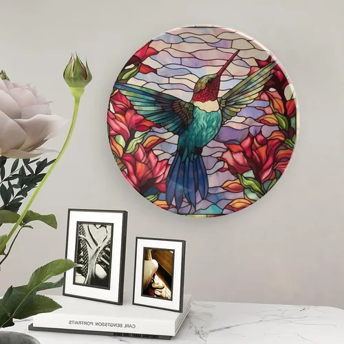 Miniatura 5 de Platos decorativos para colgar en la pared, placa de cerámica con estampado de pájaros de acuarela con soporte de exhibición, decoración del hogar