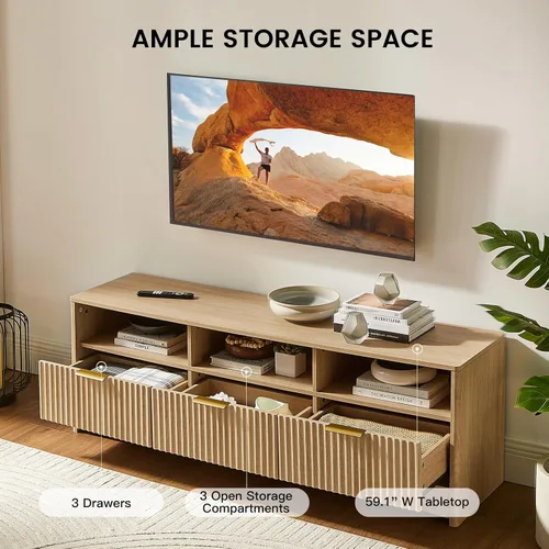 Miniatura 4 de AMADA HOMEFURNISHING Soporte de TV acanalado para televisores de hasta 65 pulgadas, moderno centro de entretenimiento de mediados de siglo