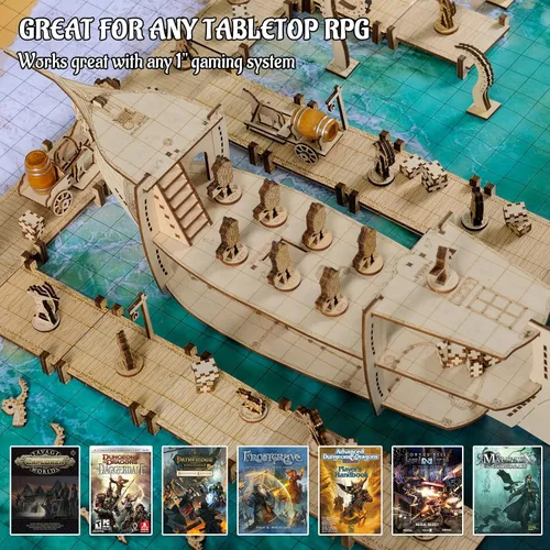 Miniatura 4 de Puente modular, muelle, pasarela, juego básico de 7 piezas de madera cortada con láser para D&D, Pathfinder, Dungeons & Dragons y otros
