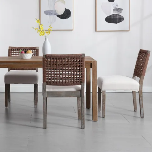 Miniatura 3 de chairus Juego de 2 sillas de comedor tapizadas, sillas de comedor costeras bohemias con respaldo de cuerda tejida de nogal marrón, patas de madera