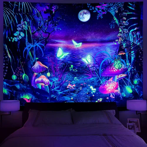 Serborlur Tapiz de luna de bosque de fantasía, luz negra, reactivo a los rayos UV, mariposa, galaxia, espacial, tapiz para colgar en la pared, telón