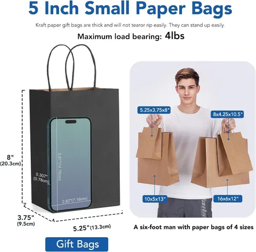 Miniatura 3 de GSSUSA Paquete de 200 bolsas de regalo de papel negro de 5.25 x 3.75 x 8 pulgadas, bolsas de papel kraft negras con asas a granel para compras
