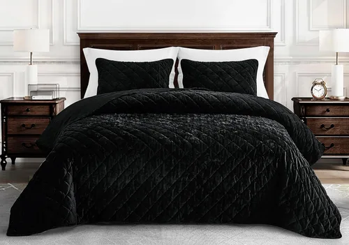 Miniatura 2 de Chezmoi Collection Lux Juego de Edredón de Terciopelo Negro King, 3 Piezas, Ropa de Cama de Terciopelo Exuberante Suave Envejecido para Todas
