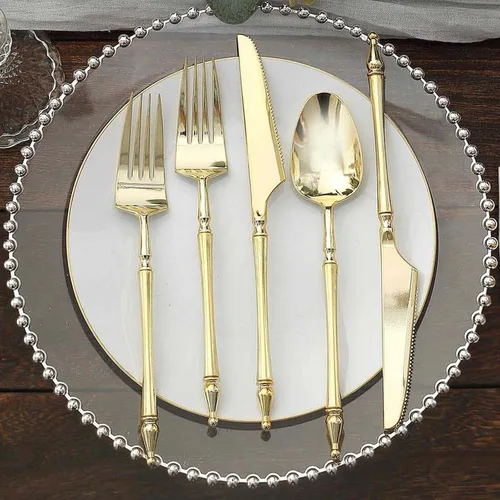 Miniatura 5 de Efavormart - Juego de 24 utensilios de plástico europeo con purpurina dorada con mango de columna romana, tenedor, cuchara y cuchillo desechables