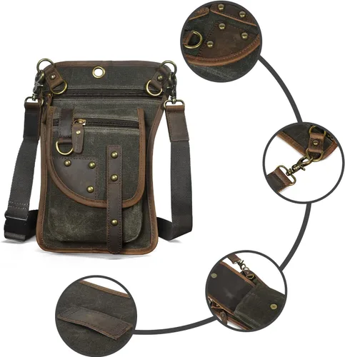 Miniatura 2 de Handadsume Lona resistente al agua + cuero para motocicleta, viajes, riñonera de viaje, bolsa de pierna para hombres y mujeres FB2141, 2141-El verde