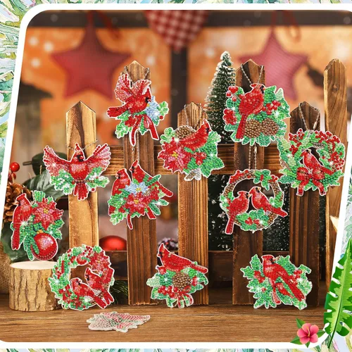 Miniatura 6 de Thinkday 12 piezas de adornos de arte de diamantes cardenales de Navidad en julio, pájaros rojos de Navidad, pintura de diamante, llaveros