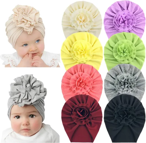 inSowni Paquete de 8 gorros de turbante de hospital para guardería con flor grande para bebés, niñas, recién nacidos y bebés