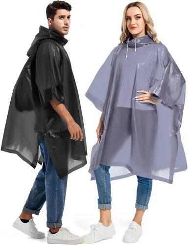 Miniatura 70 de Paquete de 2 ponchos de lluvia para adultos, reutilizables, impermeables, de supervivencia, emergencia, resistente, con capucha con cordón