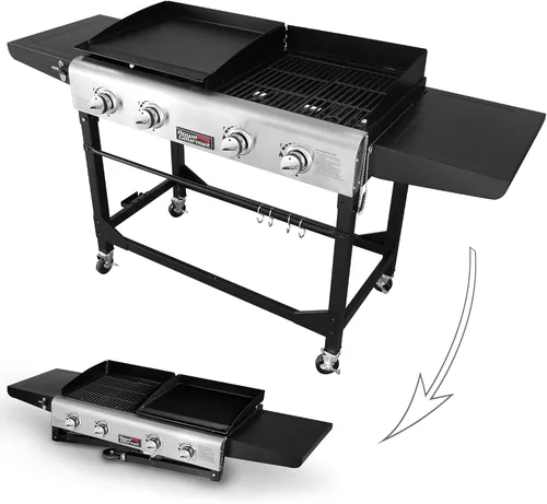 Miniatura 2 de Royal Gourmet GD401 - Parrilla y plancha de gas propano portátil con mesa auxiliar, 4 quemadores, patas plegables, versátil, uso exterior, negro 168