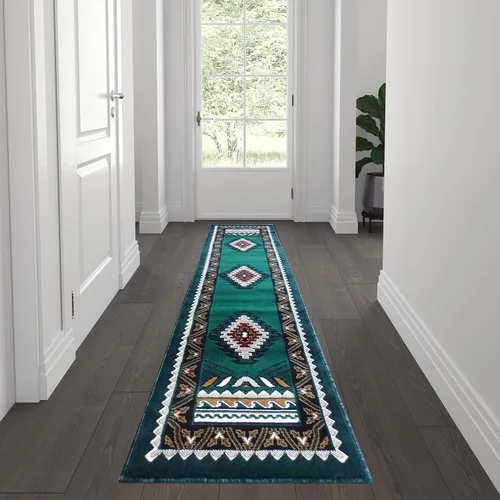 Flash Furniture Ventana Collection - Alfombra decorativa del suroeste, alfombra de olefinas verde cazador de pelo bajo, alfombra de área de 2 x 7