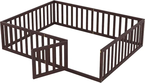 Miniatura 5 de Bellemave Cama de suelo de madera tamaño Queen para niños, cama Montessori con barandillas en forma de valla y puerta, para niños, niños y niñas