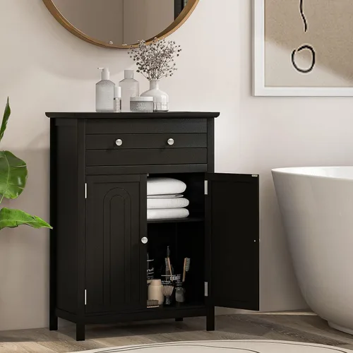 Miniatura 2 de GOFLAME Gabinete de almacenamiento de madera para baño, moderno armario organizador de baño con estante ajustable de 3 alturas, cajón y estante de 2