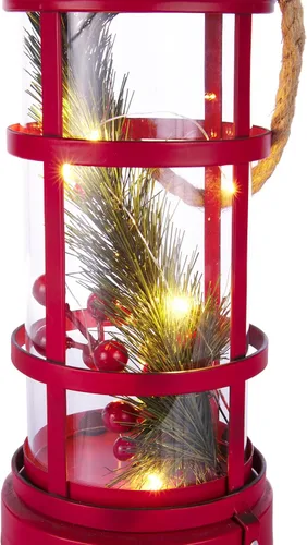 Miniatura 10 de Alpine Corporation Farol de Navidad de metal y vidrio de 13 pulgadas de alto con 8 luces LED blancas cálidas, temporizador integrado, decoración