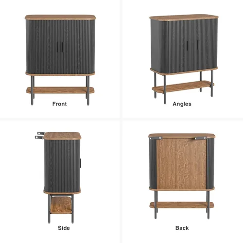 Miniatura 9 de FiveWillowise Gabinete de Bar de Café Negro con Almacenamiento, Gabinete de Licores y Vinos Acanalado con Puertas Corredizas, Portavasos