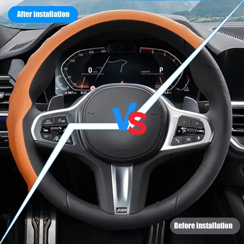 Miniatura 6 de Funda para Volante de Automóvil, Cuero Nappa de 15 Pulgadas Antideslizante y Ultra-Delgada, Protector de Volante de Vehículo 5D, Accesorios Naranja