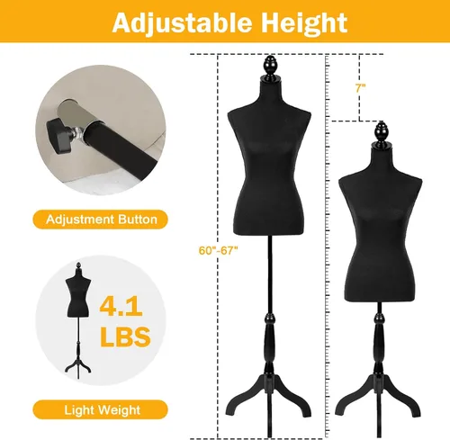 Miniatura 4 de Torso de maniquí de maniquí, forma de vestido ajustable de altura de 60 a 67 pulgadas, 4.1 libras ligero y fácil de mover cuerpo de maniquíes