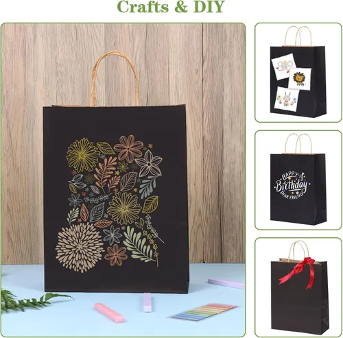Miniatura 4 de OUTUXED 100 bolsas de papel negro de 10 x 5 x 13 pulgadas, bolsas de regalo de papel kraft grandes con asas a granel para negocios, compras