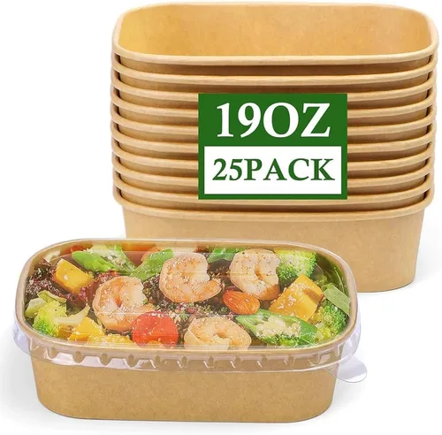 Miniatura 13 de Paquete de 25 cuencos de papel de 19 onzas, recipientes desechables con tapas, cuencos rectangulares desechables con tapas, cuencos de ensalada