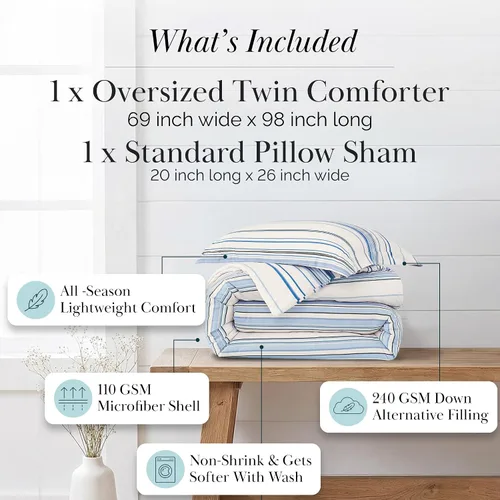 Miniatura 2 de Southshore Fine Living, Inc. Juego de edredón costero individual XL, edredón de plumón alternativo a rayas azules, tamaño individual XL con funda