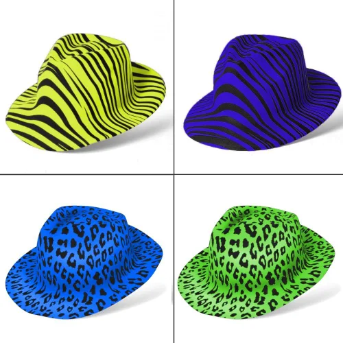 Miniatura 2 de Novelty Place Sombreros de fiesta de plástico con estampado de animales neón, estilo fedora con mafia de gángster, sombreros de fiesta con luz negra