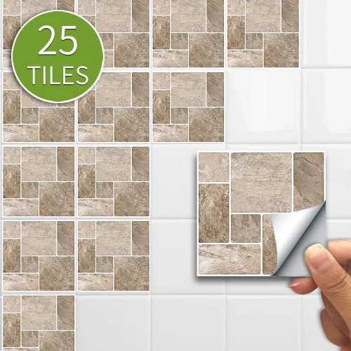 Miniatura 2 de Alwayspon 25 calcomanías autoadhesivas para azulejos de pared, a prueba de agua, para cocina, baño, 6 x 6 pulgadas Piedra beige