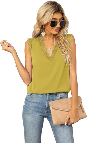 Miniatura 161 de VIISHOW - Camiseta sin mangas, sexy, con cuello en V y bordes de encaje para mujer, camisola de vestir, camisas de gasa, sin mangas, casuales
