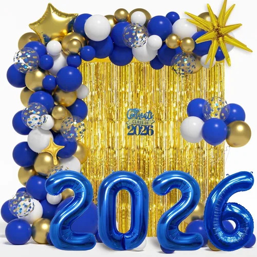 Miniatura 7 de Kit de arco de guirnalda de globos de graduación para decoraciones de graduación de clase de 2026, globos negros dorados y blancos de diferentes