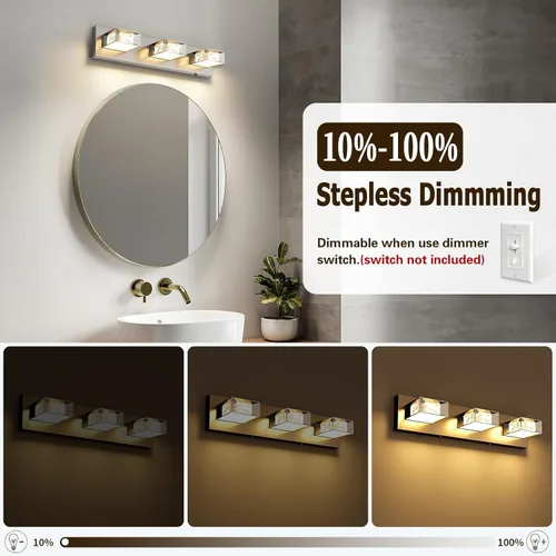 Miniatura 3 de Joossnwell Lámpara de tocador de baño de níquel cepillado con cristal, iluminación LED regulable de 5CCT para baño, sobre espejo