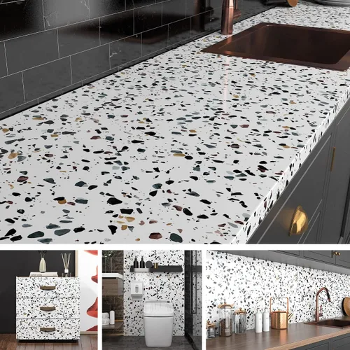 Miniatura 2 de Ababoorty Papel de contacto de granito de 15.8 x 197 pulgadas, papel de contacto de terrazo blanco para encimeras, papel tapiz autoadhesivo