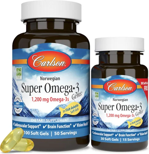 Miniatura 9 de Carlson - Gemas Super Omega-3, 1200 mg de Omega-3, Apoyo Cardiovascular, Función Cerebral y Salud de la Visión, Noruego, 180 geles blandos
