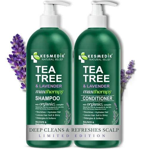 KESMEDIK Tea Tree - Juego de champú y acondicionador de lavanda con menta y romero, limpia, enfría y alivia la picazón del cuero cabelludo, sin
