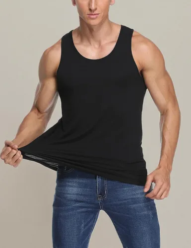 Miniatura 7 de COLORFULLEAF Camisetas sin mangas de rayón de bambú para hombre, camisetas sin mangas elásticas con cuello redondo (1 o 3)