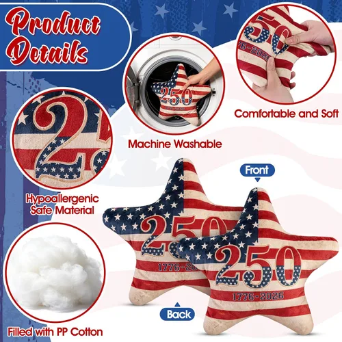 Miniatura 4 de 2Pcs 4th of July Patriotic Throw Pillows, 250th Anniversary USA American Flag Star Shape Pillow, Hypoallergenic Plush Stuffed Pillow for Couch Home