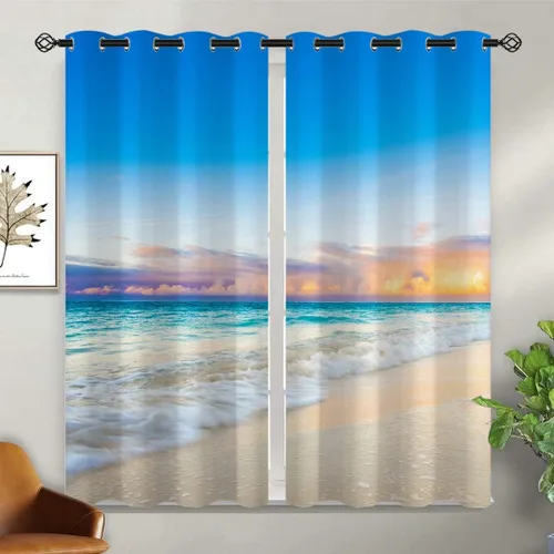 Miniatura 2 de Cortinas opacas de arena para niñas y niños, decoración del hogar, vacaciones, playa, agua azul, puesta de sol, nubes, ojales, aislamiento térmico