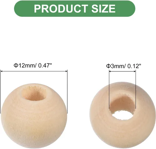 Miniatura 2 de uxcell 200 cuentas espaciadoras de madera natural de 0.472 pulgadas, agujero grande de 0.118 pulgadas, cuentas redondas de madera sin terminar