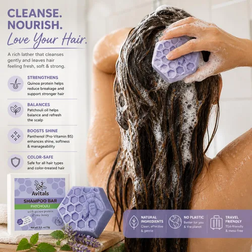Miniatura 3 de Avital's Apiaries Barra de champú de pachulí para cabello seco y teñido sin sulfato sólido con proteína de quinua, pantenol y manteca de karité
