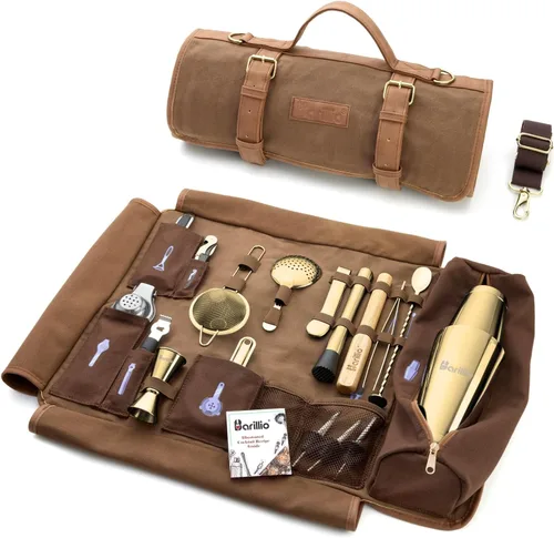 Miniatura 12 de Barillio Bolsa de Kit de Barman con Juego de Coctelera Negra – Lona Encerada, Bolsa de Herramientas de Bar de Viaje con Kit de Cóctel de 17 Piezas